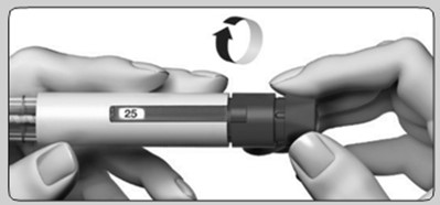 Bilden visar en penna där dosinställningsknappen vrids medurs.