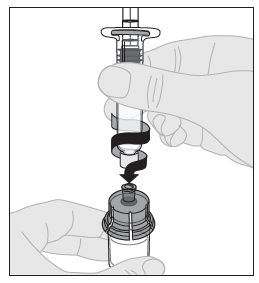 Anslut sprutan med vätska till adaptern för injektionsflaskor genom att föra in sprutans spets i öppningen på adaptern. Skjut in och vrid sprutan medurs med en bestämd rörelse tills den sitter stadigt.