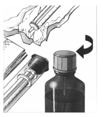 Efter användning: torka endast av sprutans utsida med torrt papper och lägg tillbaka den i behållaren. Den vita proppen och röret ska lämnas kvar i flaskan. Skruva fast locket på flaskan.