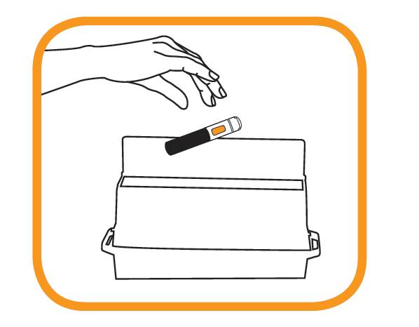Bilden visar att efter injektion ska injektionspennan omedelbart kastas i en särskild behållare anvisad av läkare, sjuksköterska, eller apotekspersonal