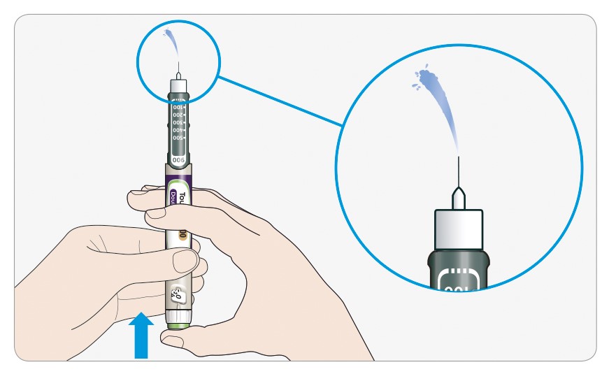 Tryck in injektionsknappen helt. När insulin syns på på nålspetsen, så fungerar din penna som den ska.