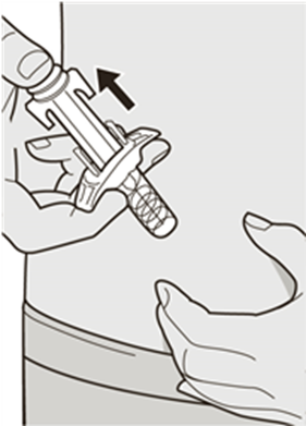Lyft tummen för att lossa kolven tills nålen är täckt av nålskyddet och ta bort sprutan från injektionsstället.