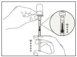 Låt sprutan sitta kvar i injektionsflaskan och kontrollera sprutan för större luftbubblor. 