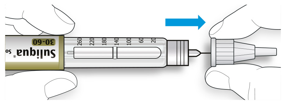 Bilden visar hur du leder nålen in i det yttre nålskyddet