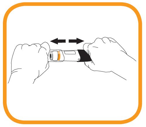 Bilden visar hur nålspetsen ska avtäckas genom att med ena handen hålla i det svarta handtaget och med den andra handen dra av det genomskinliga locket