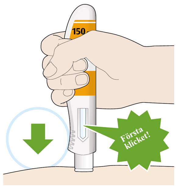 Bilden visar att du trycker ner och håll kvar pennan stadigt mot huden och att det kommer att höras ett klick när injektionen börjar