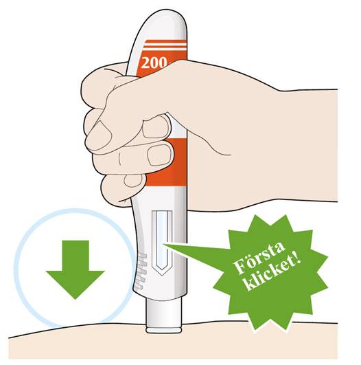Bilden visar hur du trycker ner och håller kvar pennan stadigt mot huden och att det kommer att höras ett klick när injektionen startar
