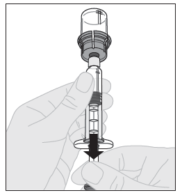 Kontrollera att sprutkolven fortfarande är helt intryckt och vänd injektionsflaskan upp och ned. Dra långsamt ut kolvstången för att dra ut all lösning genom adaptern för injektionsflaskor in i sprutan.
