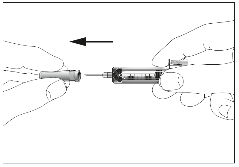 Bild 3. Håll sprutan och ta försiktigt av skyddet från nålen utan att vrida den. Dra rakt ut.