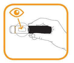 Bilden visar att du ska kontrollera läkemedlets utseende genom den förfyllda injektionspennans fönster