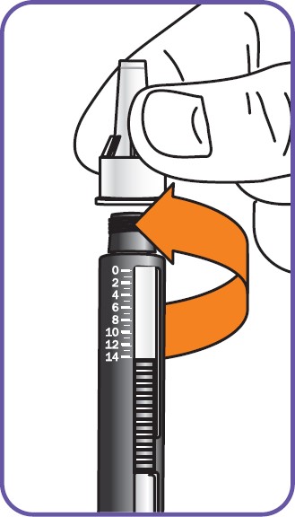 • Håll det yttre nålskyddet rakt och skruva fast det medurs ordentligt på cylinderampullen (den bredare kanten på det yttre nålskyddet måste vidröra ”axeln” på cylinderampullen)