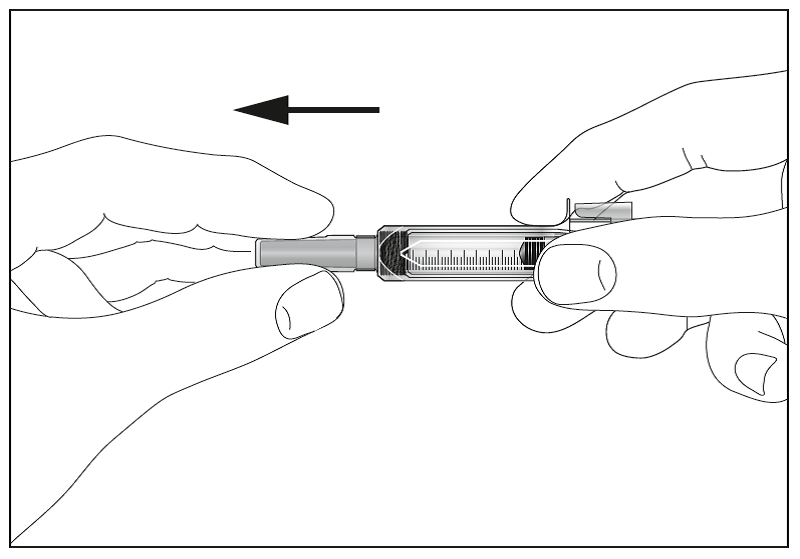 Bild 2. Håll sprutan och ta försiktigt av skyddet från nålen utan att vrida den. Dra rakt ut.