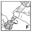 Anslut den förfyllda sprutan till den gängade adaptern för injektionsflaskor genom att vrida medurs (F).