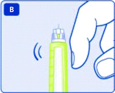 Håll pennan med injektionsnålen uppåt. Knacka försiktigt på toppen av pennan några gånger så att eventuella luftbubblor stiger uppåt.