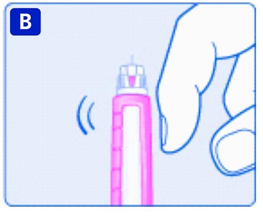 Håll pennan med injektionsnålen uppåt. Knacka försiktigt på toppen av pennan några gånger så att eventuella luftbubblor stiger uppåt.