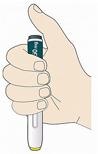 Bilden visar hur man håller Praluentpennan mot huden vid injektionsstället