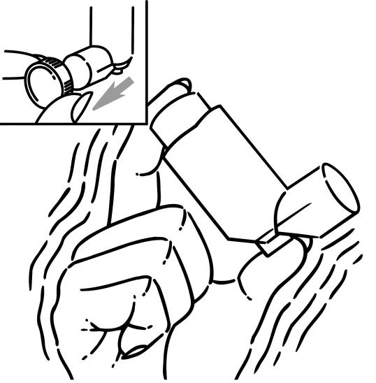 Bild 1 visar att man avlägsnar skyddslocket från munstycket och skakar inhalationssprayen kraftigt. Tryck ut 4 spraydoser i luften vid första användningstillfället. Upprepa samma procedur om ihalationssprayen står oanvänd i mer än 2 veckor.