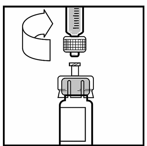 Bilden beskriver hur sprutan fästs på flaskan