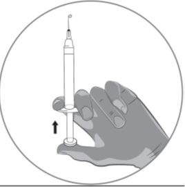 Håll sprutan lodrätt i ena handen mellan två fingrar med tummen på kolvens ände.  •	Se till att det inte finns några luftbubblor i sprutan genom att trycka på kolven tills första droppen syns på nålspetsen.