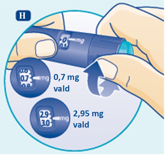 Vrid dosväljaren framåt eller bakåt tills rätt antal mg är i linje med markören