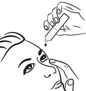 Dra försiktigt ned det undre ögonlocket så att det bildas en ficka. Vänd endosbehållaren upp och ned och tryck tills det kommer en droppe i varje påverkat öga. 