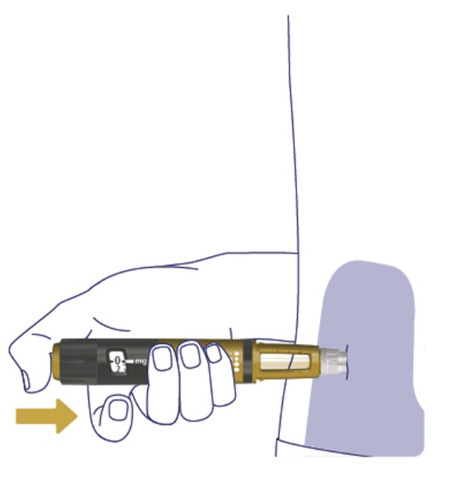 För in injektionsnålen rakt in i magen (buken) eller låret i en 90 graders vinkel.