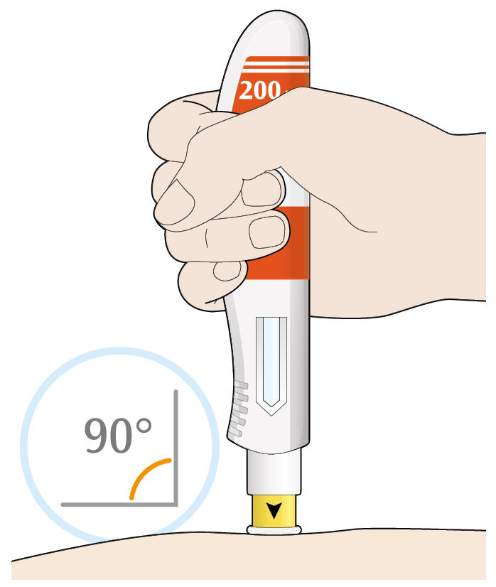 Bilden visar hur du sätter det gula nålskyddet mot huden med ungefär 90° vinkel