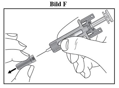 Steg 9. Ta försiktigt av nålskyddet från den förfyllda sprutan (se bild F)