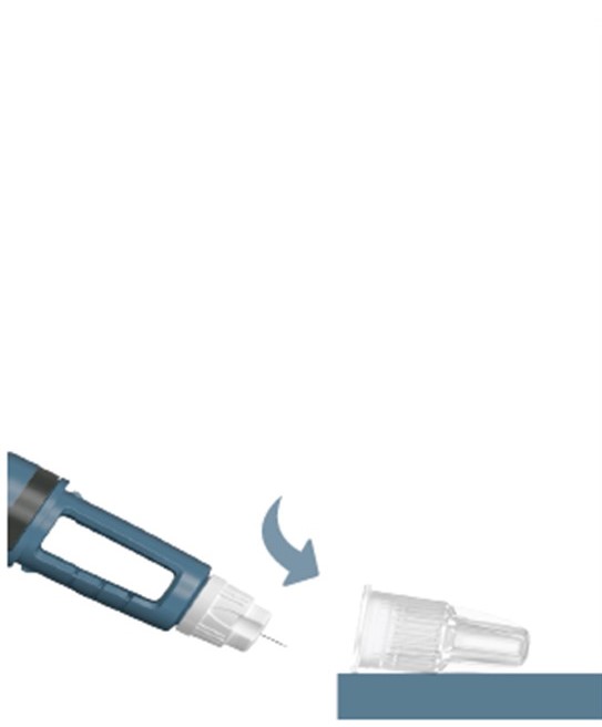 För in nålspetsen i det yttre nålskyddet utan att vidröra injektionsnålen eller det yttre nålskyddet.