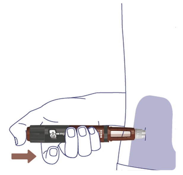 För in injektionsnålen rakt in i magen (buken) eller låret i en 90 graders vinkel.