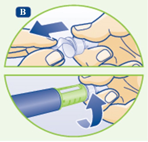 Dra bort skyddspappret och skruva fast injektionsnålen rakt på pennan. 