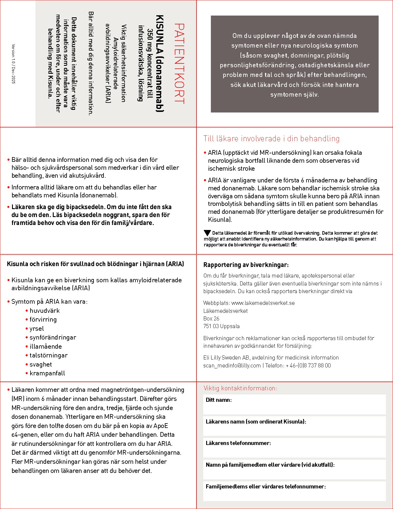 Patientkort, viktig säkerhetsinformation