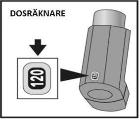•	Kontrollera dosräknaren för förpackningsstorleken som innehåller 120 doser. Om du testar din inhalator för första gången ska räknaren stå på 120.