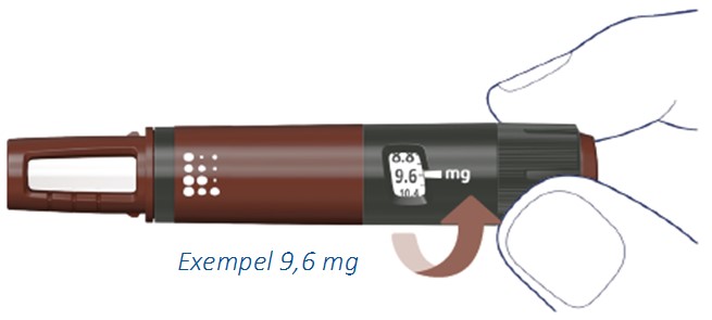 Vrid på dosväljaren för att välja din ordinerade dos. Kontrollera att du har valt rätt dos.