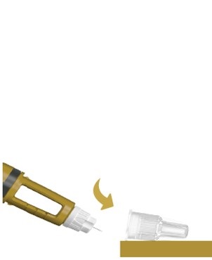 För in nålspetsen i det yttre nålskyddet utan att vidröra injektionsnålen eller det yttre nålskyddet.