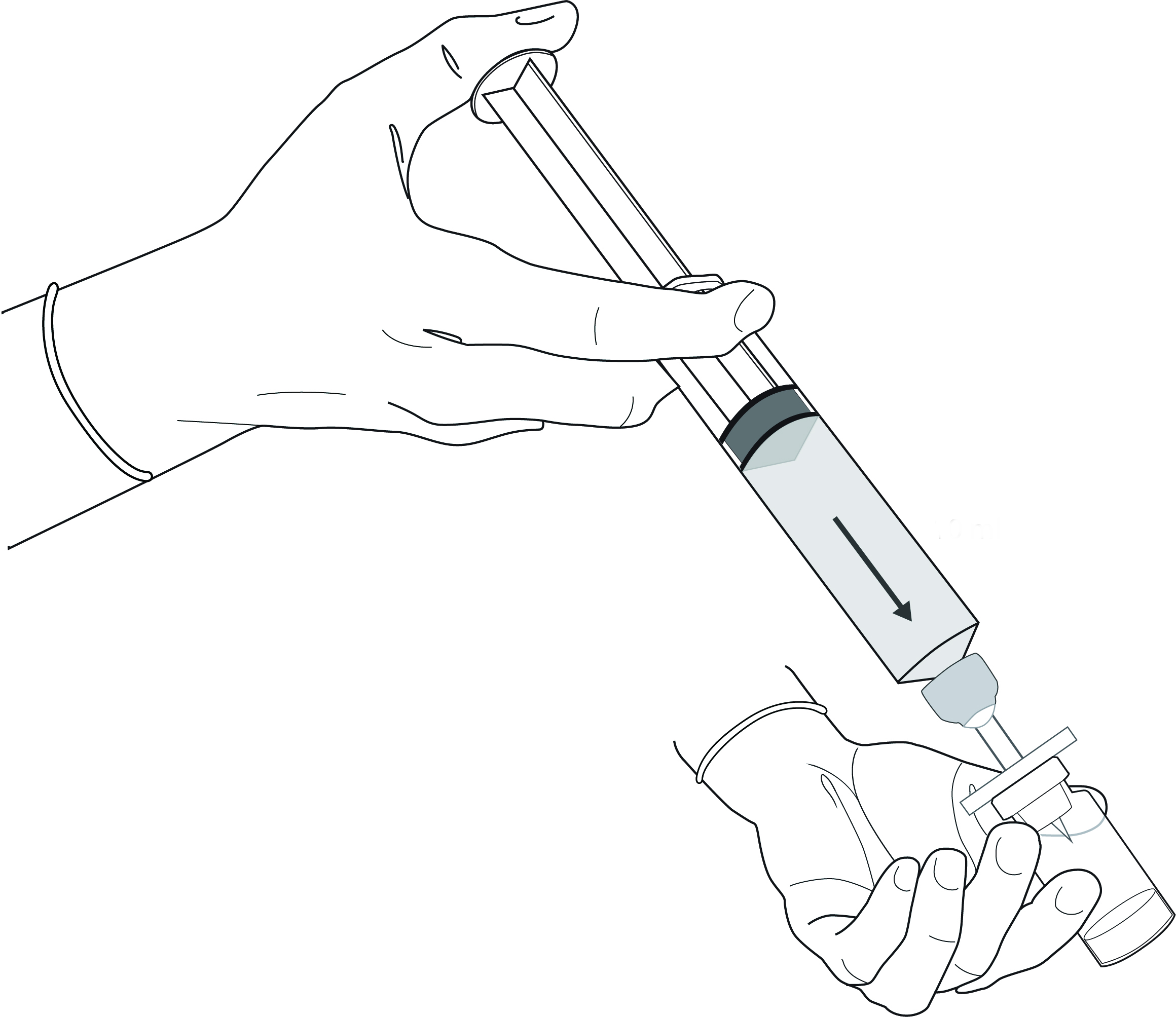 Injicera ca 10 ml av vätskan ner i injektionsflaskan med pulver.