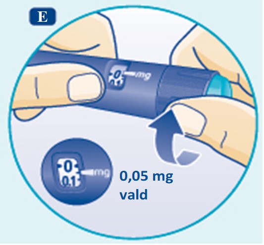 Vrid dosväljaren för att välja den lägsta dosen, 0,05 mg.