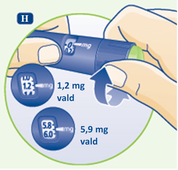 Vrid dosväljaren framåt eller bakåt tills rätt antal mg är i linje med markören