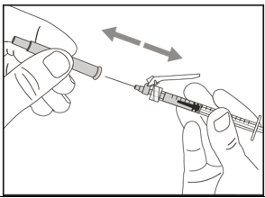 Dra försiktigt bort nålskyddet från injektionsnålen rakt ut från sprutan.