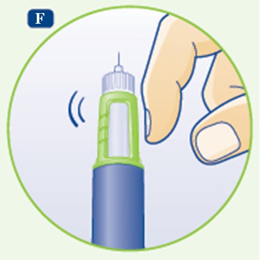 Håll pennan så att injektionsnålen pekar upp. Knacka på pennans topp några gånger