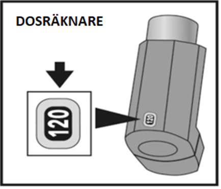 Kontrollera dosräknaren för förpackningsstorleken som innehåller 120 doser. Om du testar din inhalator för första gången ska räknaren stå på 120.