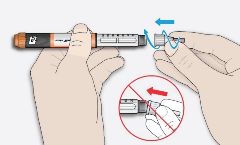 Håll injektionsnålen rakt och vrid på den på pennan tills den sitter fast. Dra inte åt onödigt hårt