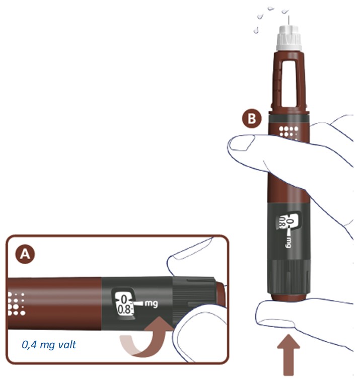 Vrid en markering på dosväljaren för att välja 0,4 mg. Håll injektionspennan så att injektionsnålen pekar uppåt.