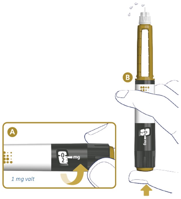Vrid en markering på dosväljaren för att välja 1 mg. Håll injektionspennan så att injektionsnålen pekar uppåt.