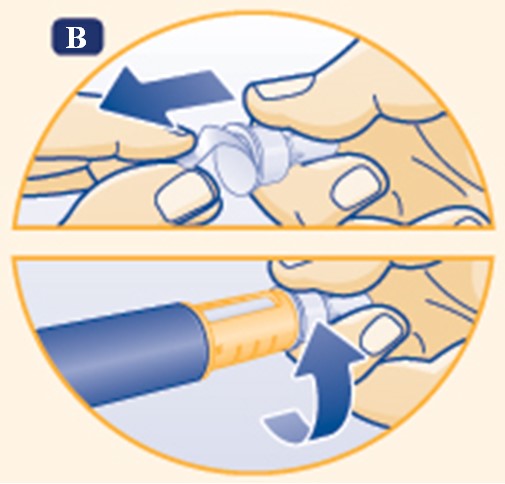 Dra bort skyddspappret och skruva fast injektionsnålen rakt på pennan. 