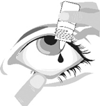 3.	Vänd flaskan upp och ner och tryck så att en droppe hamnar i vart öga som ska behandlas