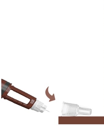 För in nålspetsen i det yttre nålskyddet utan att vidröra injektionsnålen eller det yttre nålskyddet.