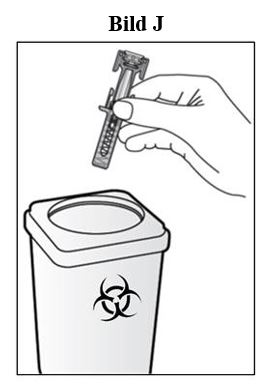 Steg 15. Kasta den använda förfyllda sprutan i en behållare för riskavfall (dvs. en punktionssäker, förslutningsbar behållare eller liknande) (se bild J)