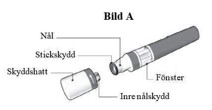 Delar i en Kesimpta Sensoready penna (se bild A)