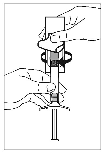 4.	Öppna blisterpåsen med säkerhetskanylen till hälften. Fatta tag om nålskyddet med hjälp av blisterpåsen. Fäst säkerhetskanylen på luerkopplingen på sprutan med en försiktig vridrörelse medurs. 